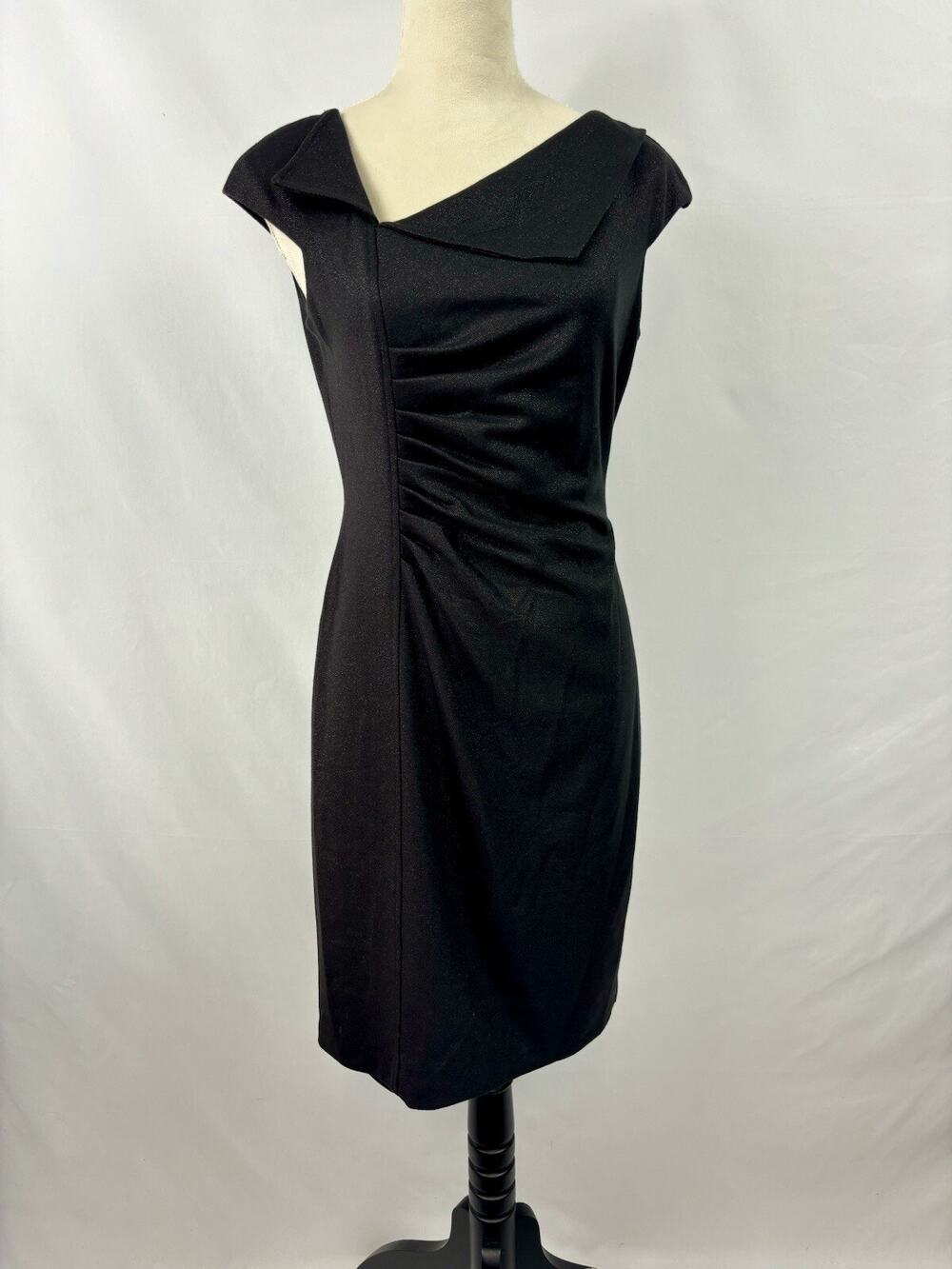 David Meister Sheath Dress Black Metallic Shimmer 6 Midi Lined Cap Sleeve
